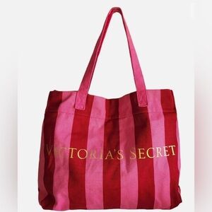 Oversized Victoria’s Secret Logo Canvas Tote weekend travel bag pink sripes